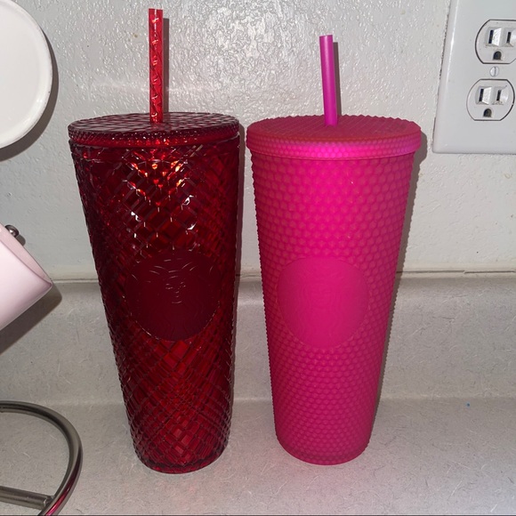 Starbucks Other - 2 24oz Tumbler cold cups red pink rhinestone studded Starbucks New